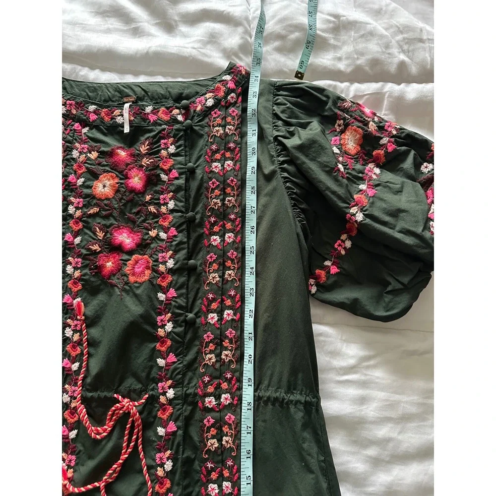 Free People Havana‎ Asymmetrical Embroidered Peasant Dress XS Green Floral